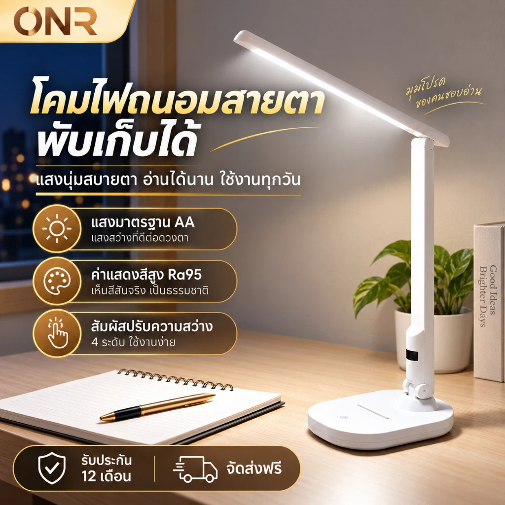 ONR โคมไฟตั้งโต๊ะ LED โคมไฟอ่านหนังสือ ถนอมสายตา พับเก็บได้ ปรับแสง 4 ระดับ ระบบสัมผัส Ra95