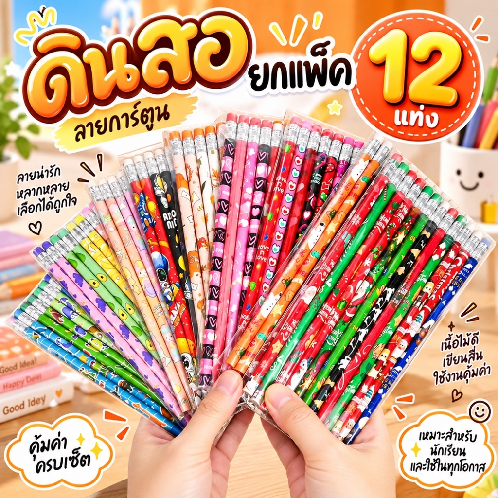 🔥ยกแพ็ค12แท่ง🔥ดินสอลายการ์ตูน เขียนลื่น ลบนิ่ม คุณภาพดี ลายหลากหลาย เหมาะแจกเด็ก กิจกรรมโรงเรียน