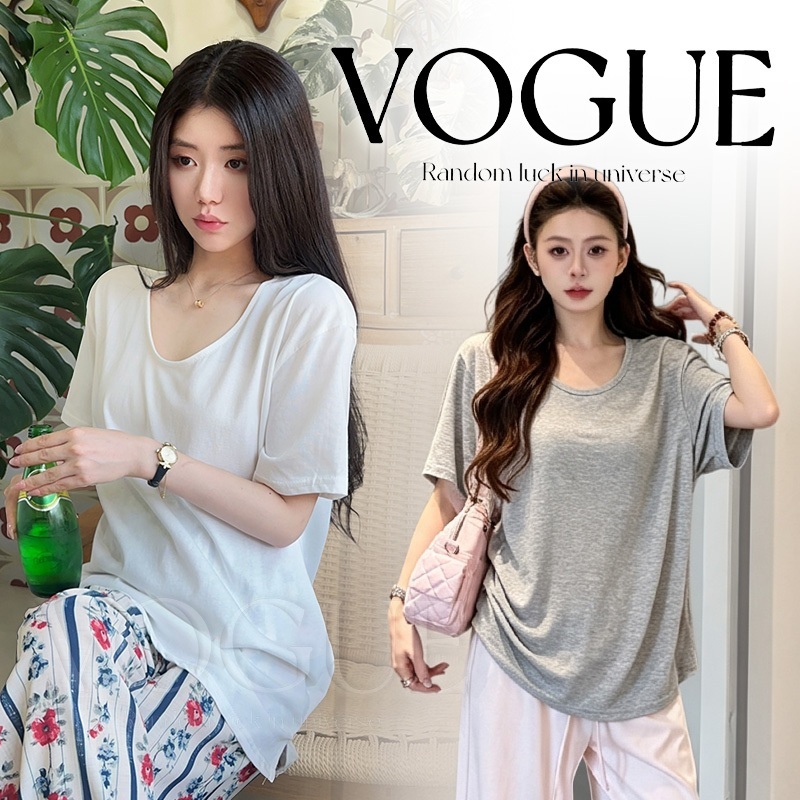 Vogue🌟พร้อมส่ง🌟 เสื้อยืดแขนสั้นสีพื้น สีพื้นทรงหลวม ผ้านุ่มระบายอากาศดีสไตล์ลำลองแมตช์ง่ายฤดูร้อน (FYP114)
