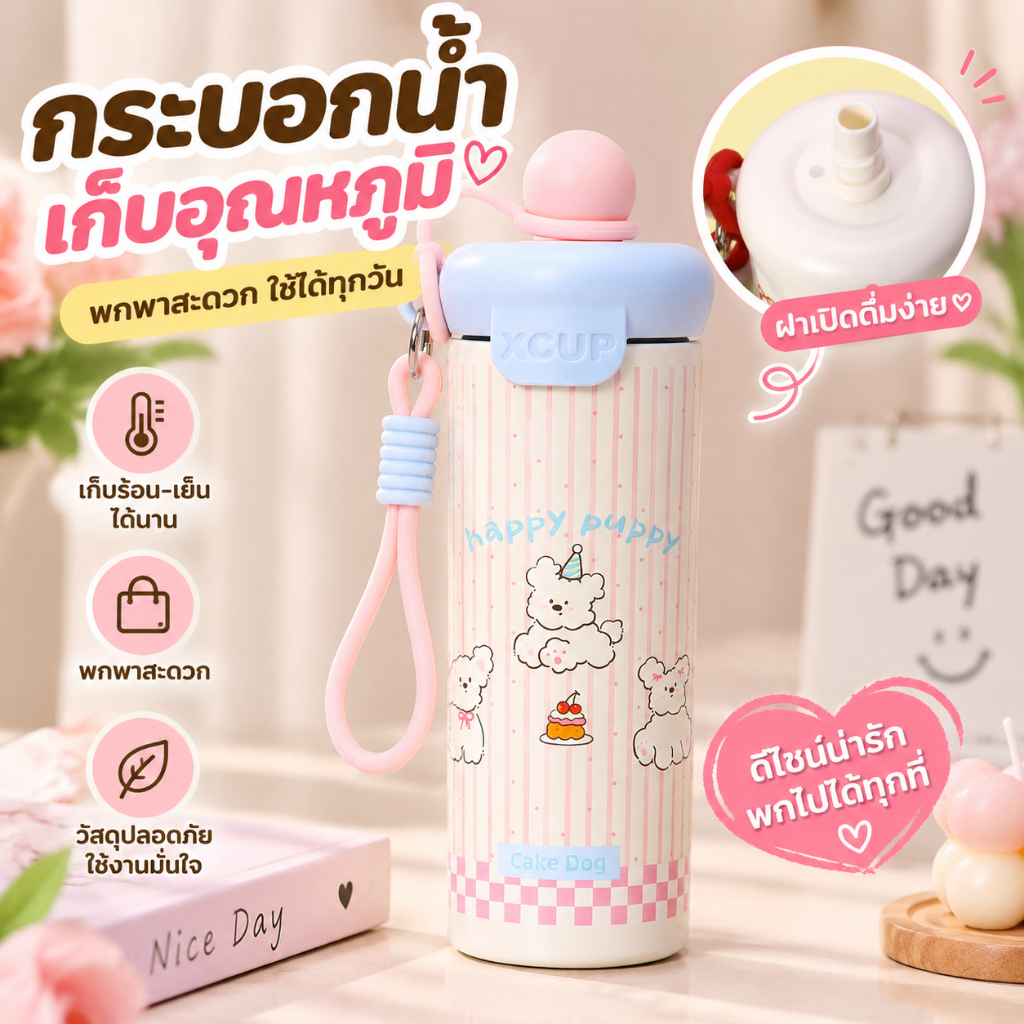 แก้วน้ำเก็บอุณหภูมิ ลายการ์ตูนน่ารัก สแตนเลส SUS316L กันรั่ว เก็บร้อนเย็น 600ml พกพาง่าย พร้อมสายสะพาย