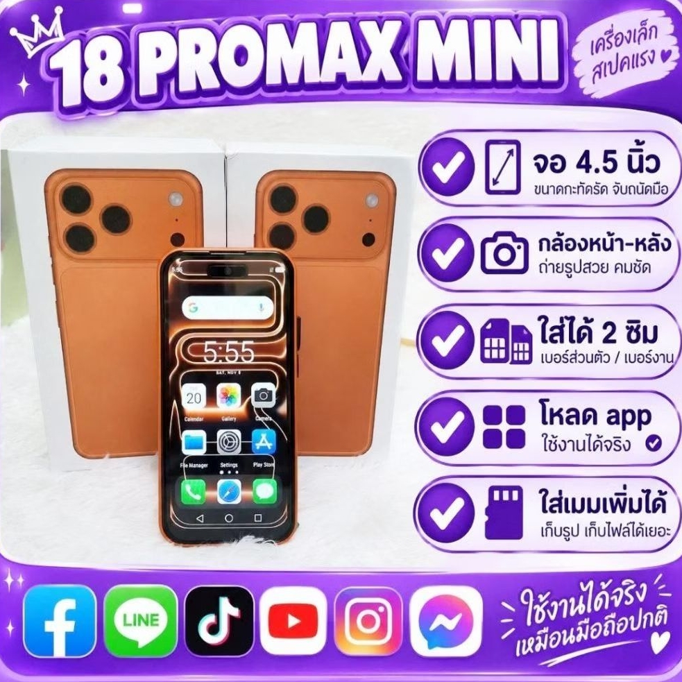 มือถือจิ๋ว 18 PM. mini จอ4.5นิ้ว ใส่ได้2ซิมแถมเคสใส+สายชาร์จ