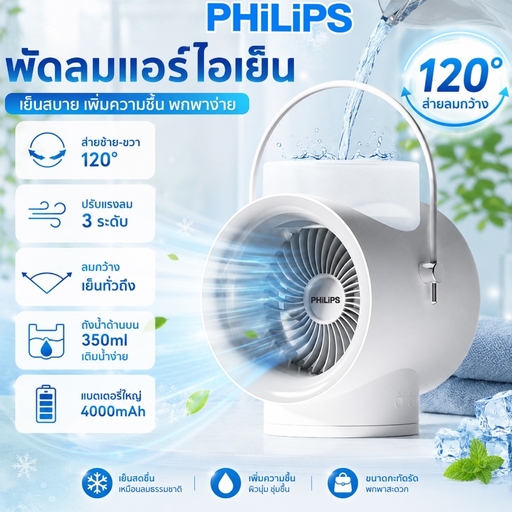 พัดลมไอน้ำ พัดลมไอเย็น ไฟกลางคืนที่อบอุ่น ส่ายหัวอัตโนมัติ ชาร์จ USB 4000mAh