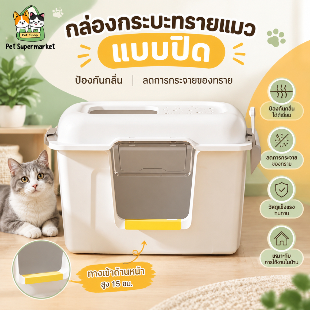 กระบะทรายแบบจัมโบ้85*56*45CMปิดเปิดวัตถุประสงค์คู่ ยกรั้ว ป้องกันการกระเด็นของทราย กระบะทรายแมว ห้องน้ำแมวCat litter box