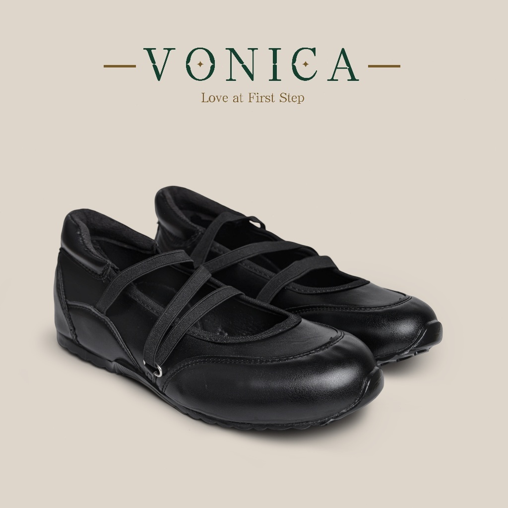 VONICA รองเท้าแมรี่เจนสีดำสำหรับผู้หญิง สายรัดไขว้ พื้นแบนกันลื่น ใส่สบาย สไตล์เกาหลี รองเท้าหนัง