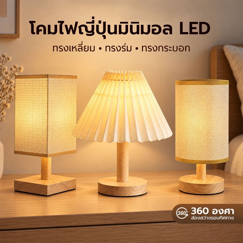 โคมไฟตั้งโต๊ะ LED โคมไฟหัวเตียง มินิมอลสไตล์ญี่ปุ่น ฐานไม้ แสงวอร์มไวท์ เสียบ USB มี 3 แบบ แต่งห้อง