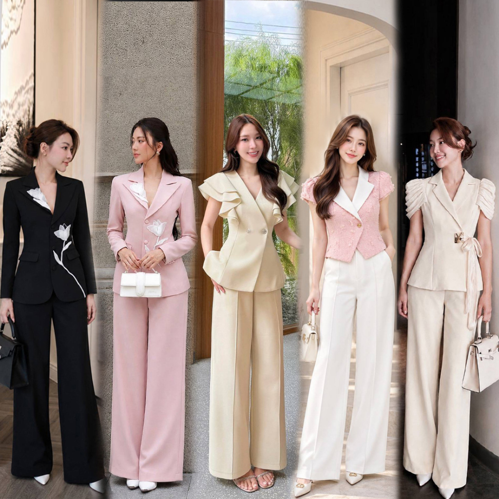 S-XXL ชุดเซท 2 ชิ้น เสื้อทรงสูท+กางเกงขายาว สีครีม/ชมพู/ดำ/น้ำตาล/เบจ สวยค่า #lalabelle