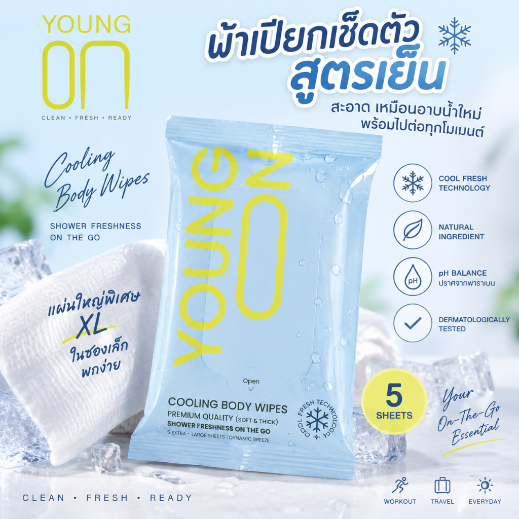ผ้าเปียกเย็น YOUNGON Cooling Body Wipes ผ้าเปียกเย็นเช็ดตัวแผ่นใหญ่ เช็ดเหงื่อ ระงับกลิ่นกาย พกพาง่าย