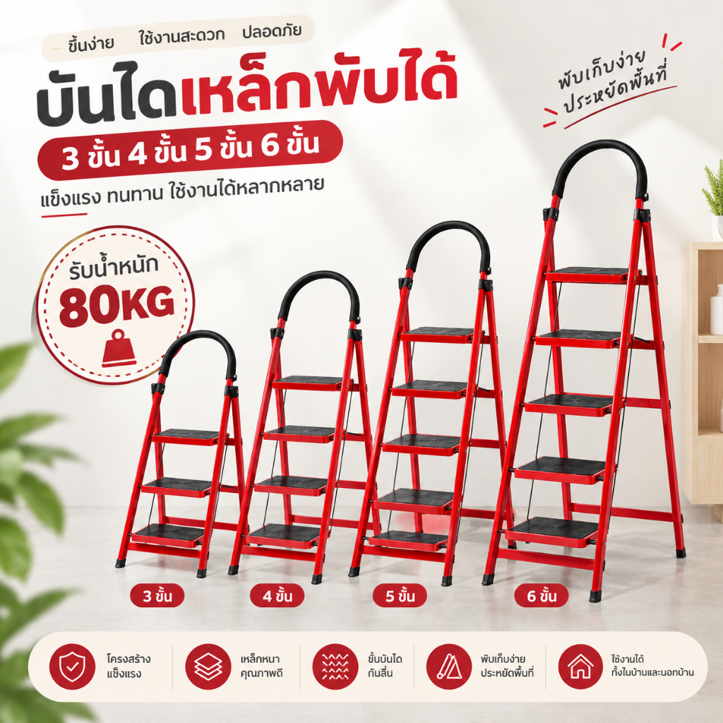 บันไดเหล็กพับได้ รุ่น3-5ขั้น (รับน้ำหนักได้ 80-100kg) บันไดอเนกประสง บันไดเปลี่ยนหลอดไฟ บรรไดชั้นหนังสือ บันไดล้างแอร์