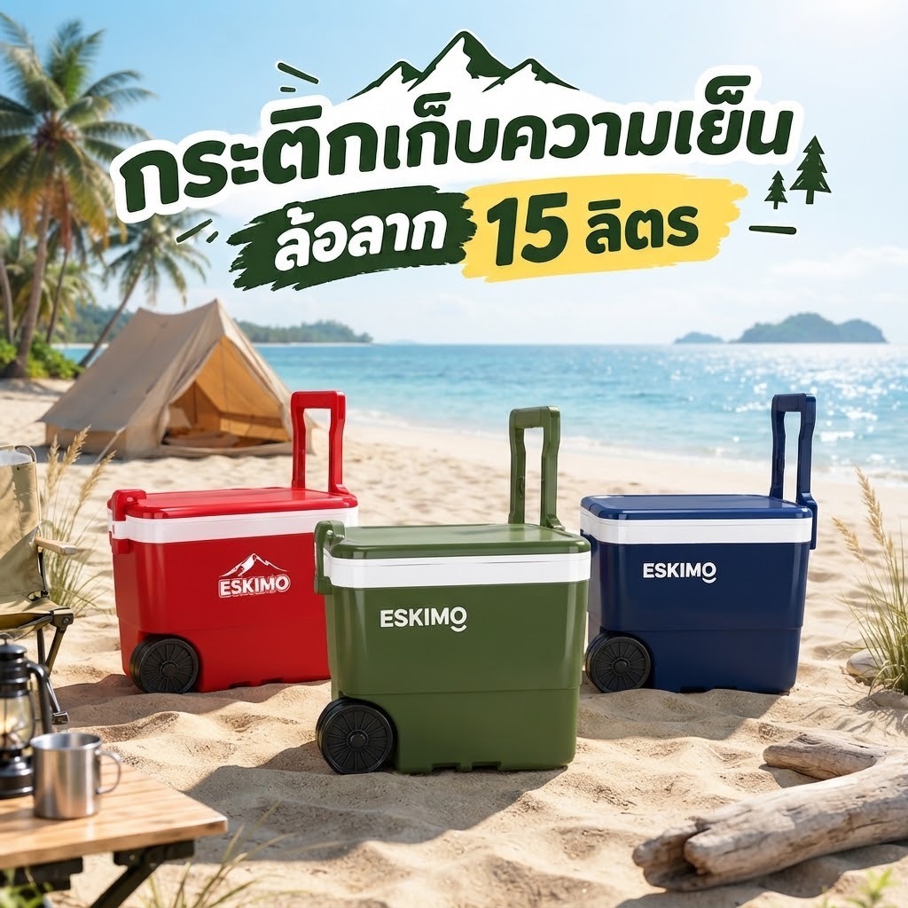 15L WR กระติกน้ำแข็ง มีล้อลาก 15 ลิตร กระติกตั้งวง แช่น้ำกระป๋อง ถังเก็บความเย็น KC1500