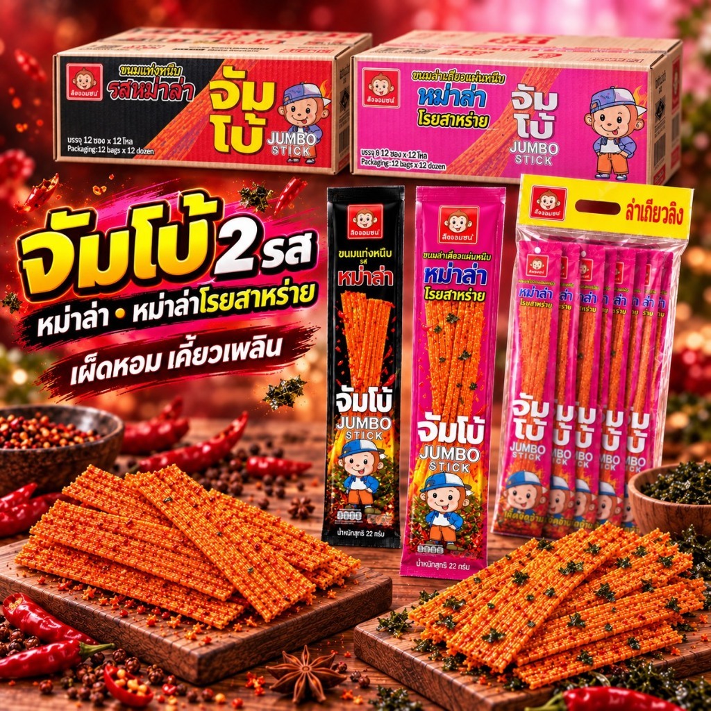 ขนมแท่งหนึบจัมโบ้ รสหม่าล่า/โรยสาหร่าย ตราลิงจอมซน (ยกลัง 12 แพค 144 ซอง)