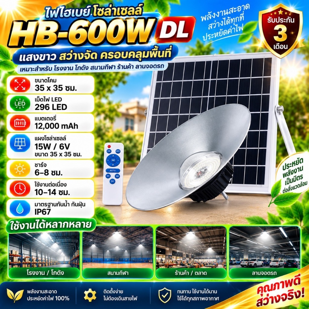 ไฮเบย์ HB 600W แสงขาว / ส้มไล่ยุง3สี ไฟพลังงานแสงอาทิตย์ ไฟโซล่าเซลล์ solar light ไฟวินเทจ ไฟภายนอก