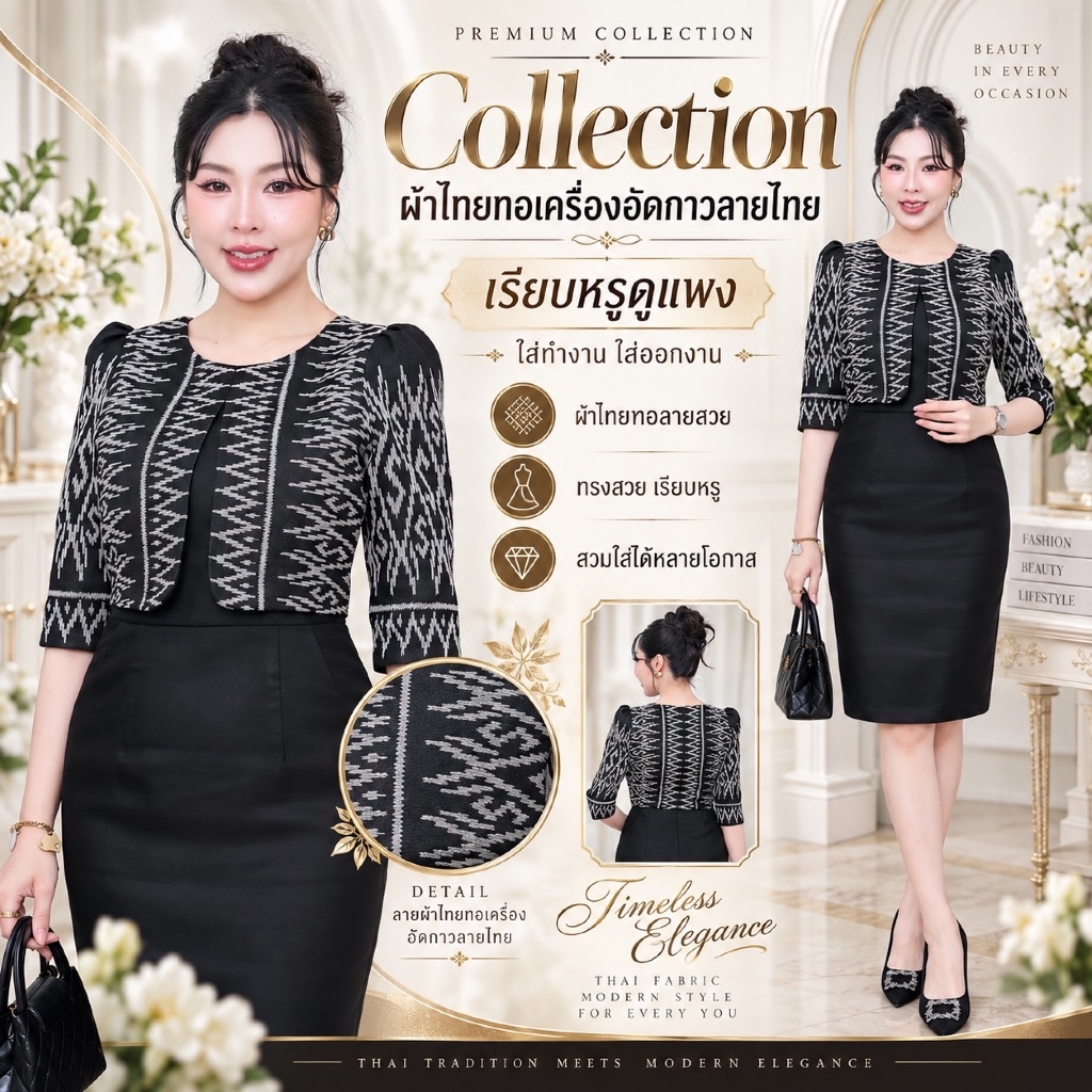 ชุดไทยกั๊กดำ ผ้าฝ้ายทอเครื่องลายไทย โทนสีดำ  ออกแบบทรงเสื้อกั๊ก กระโปรงผ้าฝ้ายทอเครื่องสีพื้น ทรงสอบมีกระเป๋าข้าง