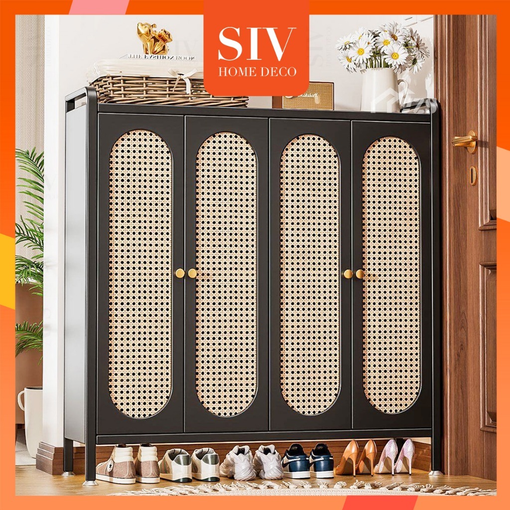 SIV ตู้เก็บรองเท้า 4 ประตู ชั้นวางรองเท้าเหล็ก ประตูใสกันฝุ่น ลึก 35 ซม. จุเยอะ แข็งแรง สำหรับห้องนั่งเล่น ทางเข้าบ้าน
