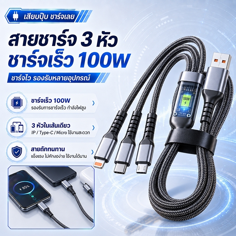 100W สายเร็ว 3 in 1 เร็ว 6A สาย 3 หัวUSB to type c Micro 240w หัวชาจ สายชาร์จ สายชาร์จเร็วแท้ สายชาร์จ