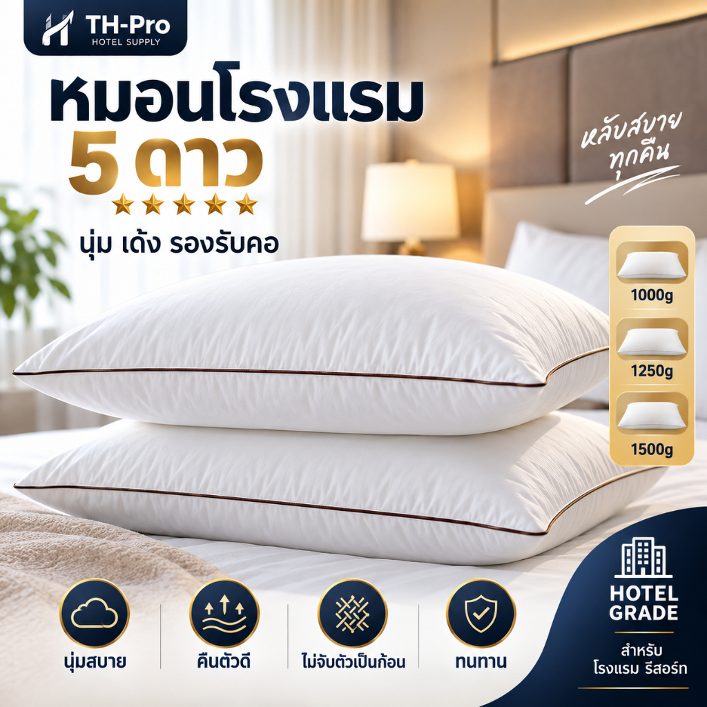 หมอนโรงแรม หมอนนุ่ม 1000g/1250g นุ่มพิเศษ แน่น คืนตัวไว ลดการปวดคอ ยืดหยุ่นสูง รองรับการซัก 48x74ซม.
