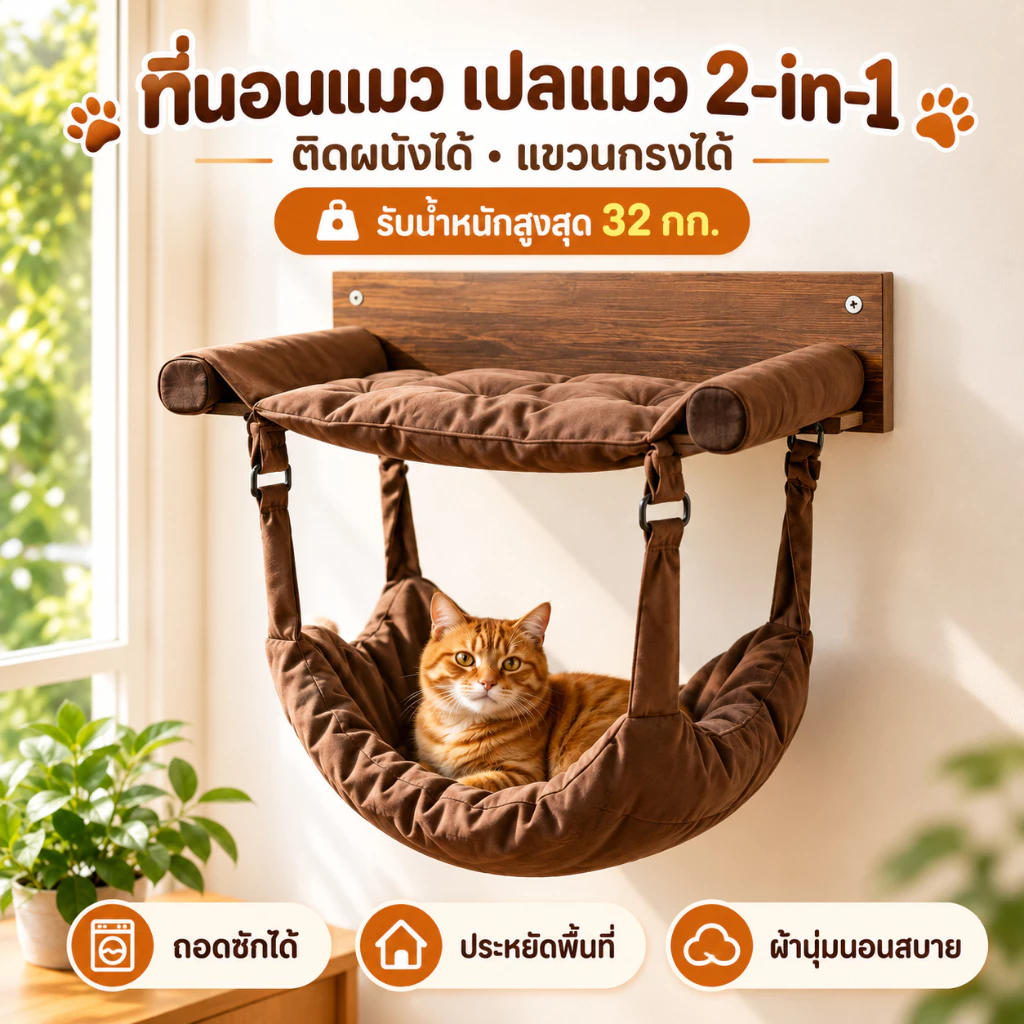 ที่นอนแมว เปลแมว 2-in-1 ติดผนังได้ แขวนกรงได้ รับน้ำหนัก 28 กก. ถอดซักได้ ถอดซักได้ ติดตั้งง่าย ใช้ได้กับผนังและกรงแมว