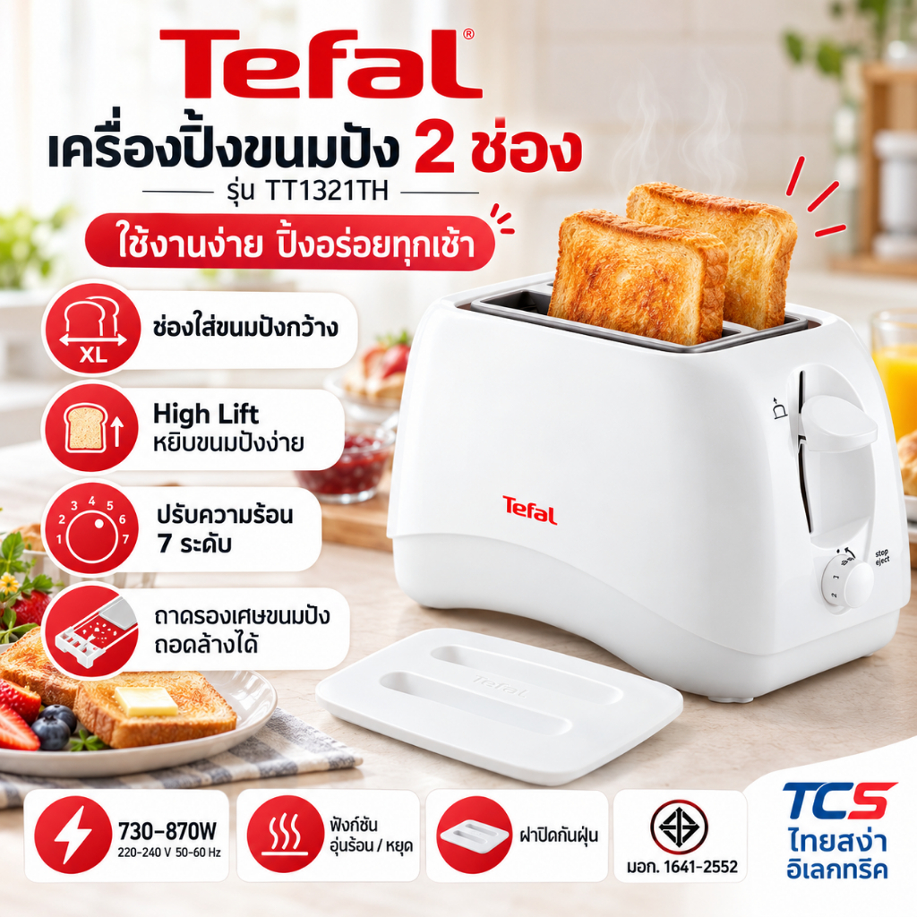 TEFAL เครื่องปิ้งขนมปัง 2 ช่อง รุ่น TT1321TH ปรับระดับความเกรียมได้ ถาดรองเศษขนมปังถอดล้างได้