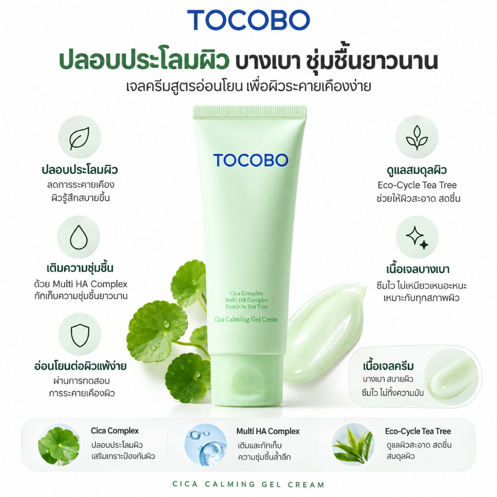TOCOBO Cica Calming Gel Cream 75ml เจลครีมซิก้า ปลอบประโลมผิว เติมความชุ่มชื้น 24ชม. สำหรับผิวบอบบาง — صورة 3