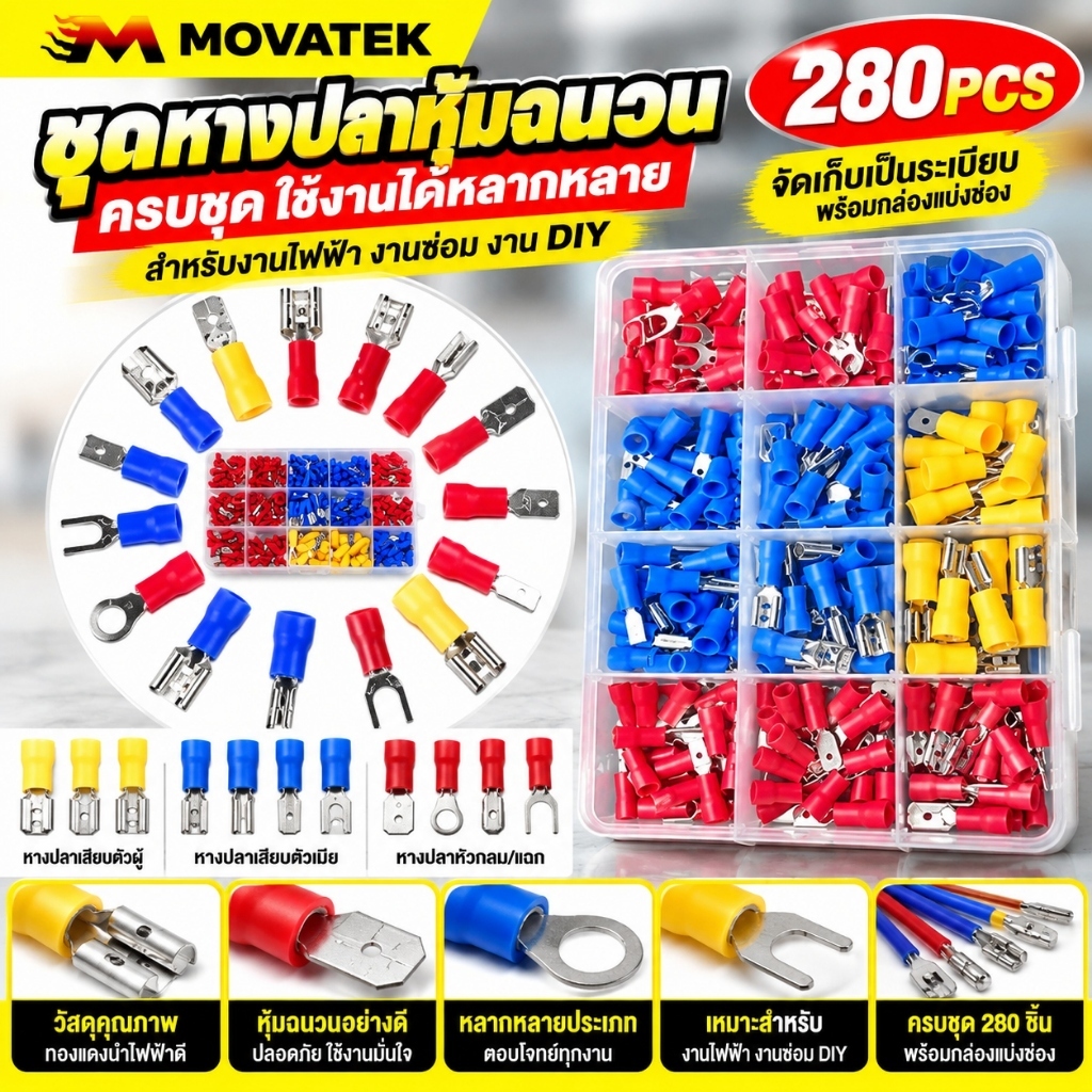 MOVATEK ชุดหางปลาสายไฟ 280 ชิ้น หางปลาแบน หางปลาแฉก หุ้มฉนวน PVC ขั้วต่อสายไฟ พร้อมกล่องและป้ายบอกขนาด