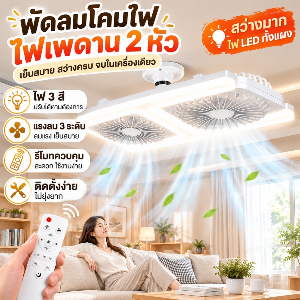 พัดลมเพดาน LED 2in1 โคมไฟพัดลม 2 หัว ลมแรงเงียบ 3 ระดับ หรี่แสงได้ พร้อมรีโมท สำหรับห้องนั่งเล่น ห้องนอน และโต๊ะอาหาร