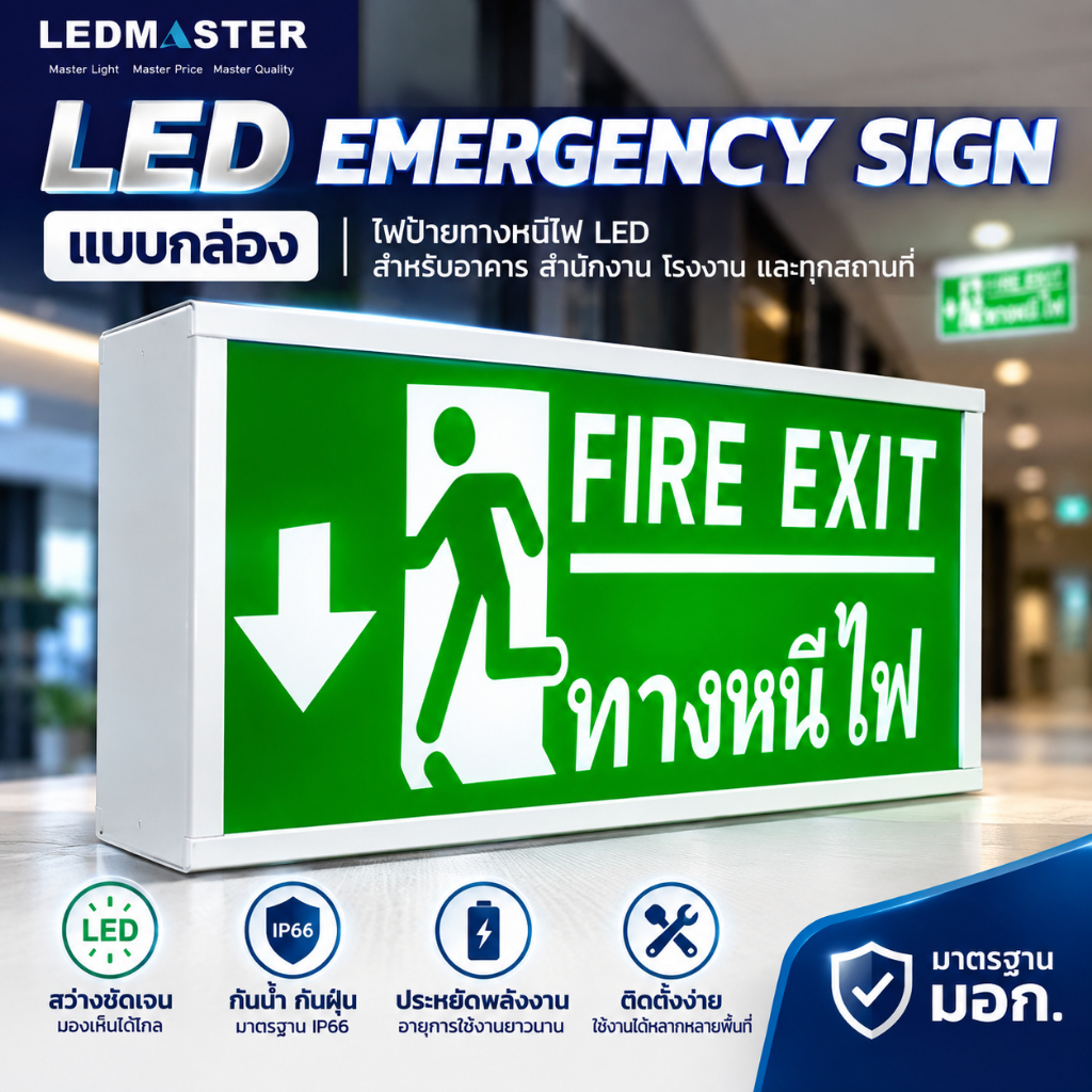 ป้ายทางหนีไฟฉุกเฉิน Fire Exit Sign ป้ายสัญลักษณ์ทางออก ทางหนีไฟ ชนิดกล่องไฟ รุ่น ข้อความ FIRE EXIT ทางหนีไฟ ลูกศรชี้้ลง