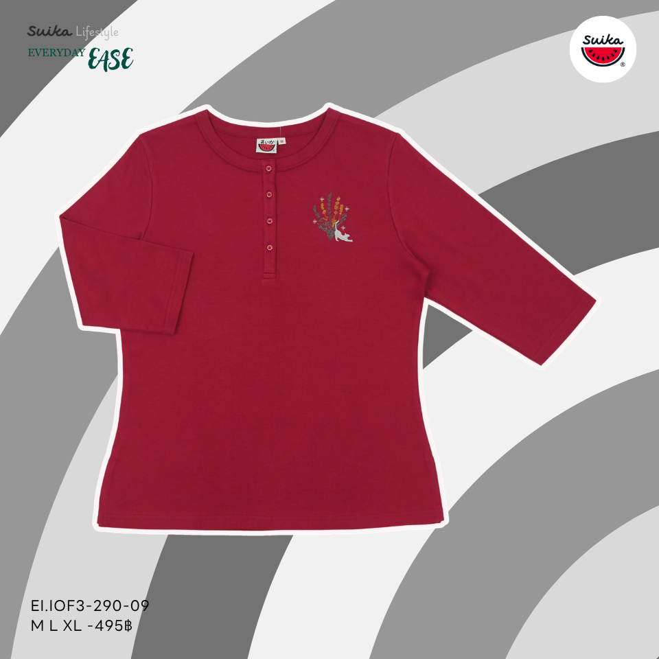 เสื้อแตงโม (SUIKA) - เสื้อยืดคอกลมเจาะสาบกระดุม 4 เม็ด แขนสามส่วน (EI.IOF3-290) — صورة 3