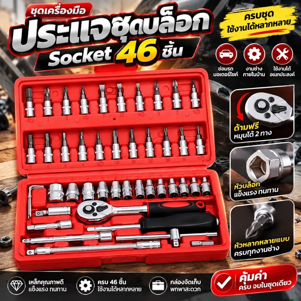 ชุดเครื่องมือ ประแจ ชุดบล็อก 46 ชิ้น Socket