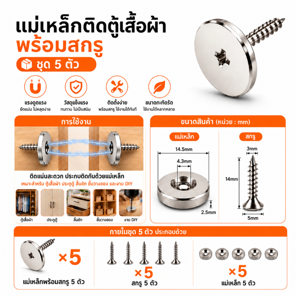 แม่เหล็กติดตู้เสื้อผ้า พร้อมสกรู 5 ชุด แม่เหล็กยึดประตูตู้ แม่เหล็กจับบานตู้ สำหรับงานไม้ งาน DIY