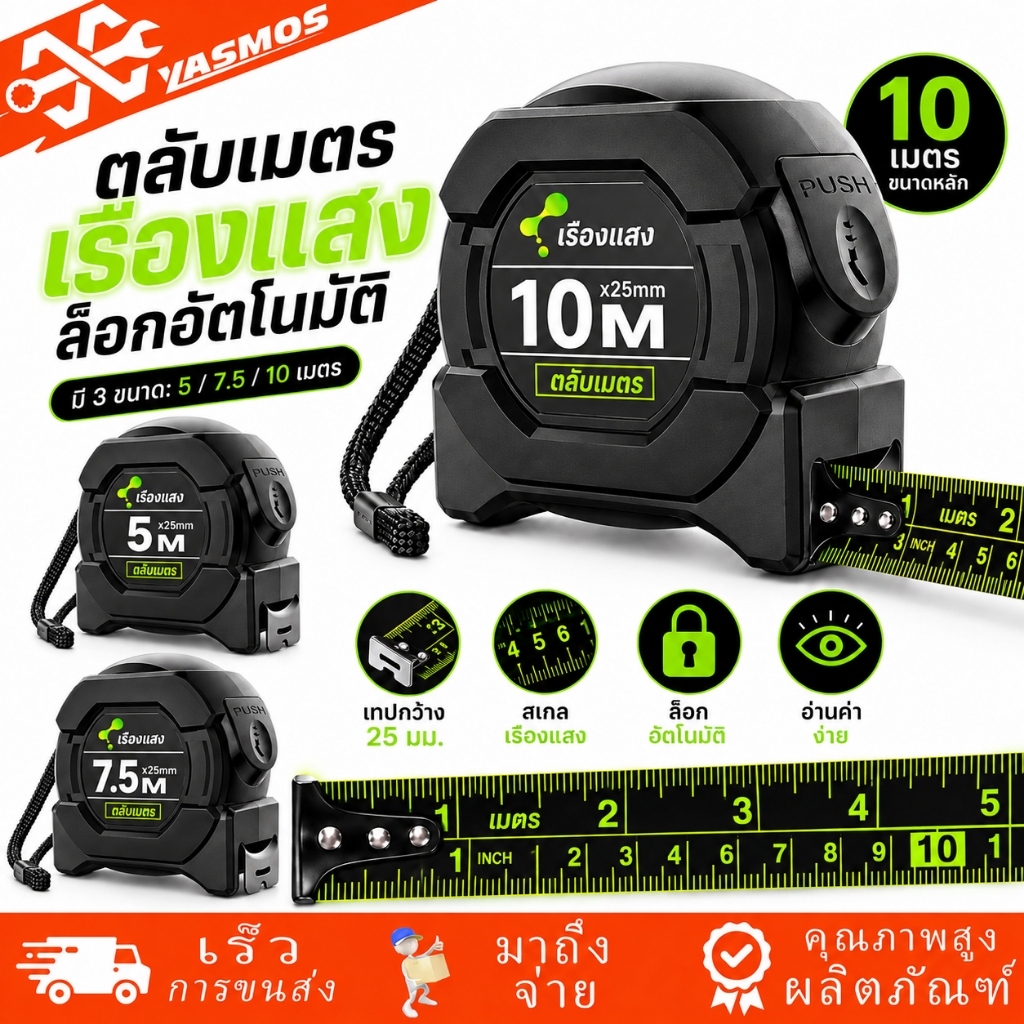 ตลับเมตร 5/7.5/10 เมตร เทปวัดเรืองแสง สายวัด เมตร/ฟุต หน้ากว้าง 25 มม. สเกลชัดเจน ตัวเลขใหญ่ วัดแม่นยำ ล็อคอัตโนมัติ