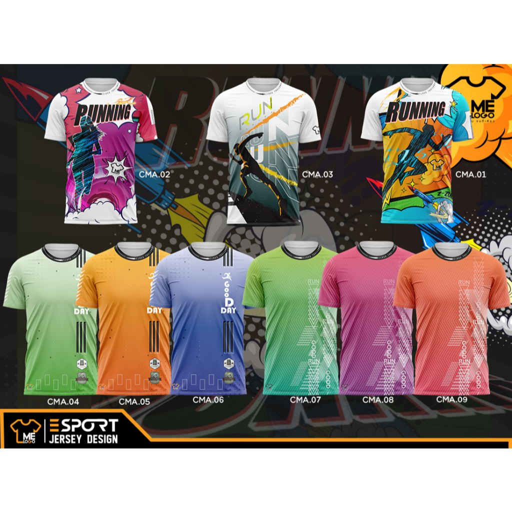 เสื้อวิ่ง CMA.01-CMA.09 กีฬาผู้ชาย ผู้หญิง พิมพ์ลายทั้งตัว เบาสบายระบายอากาศ