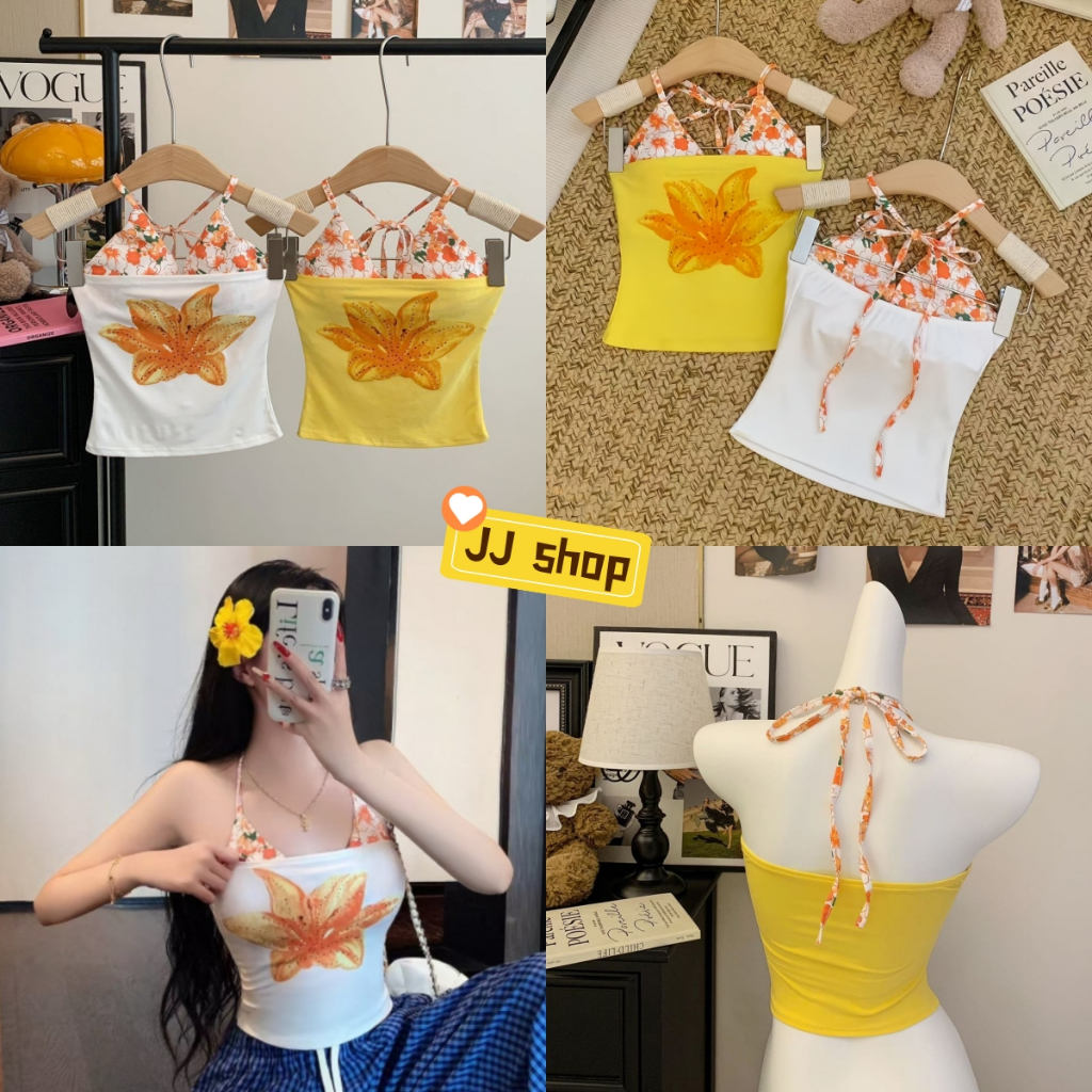 JJ shop💜 พร้อมส่ง เสื้อเกาะอก+บราคล้อง น่ารักๆ สีสดใน ลายดอกไม้ มีฟองน้ำในตัวยืดพอดี "FY5559"