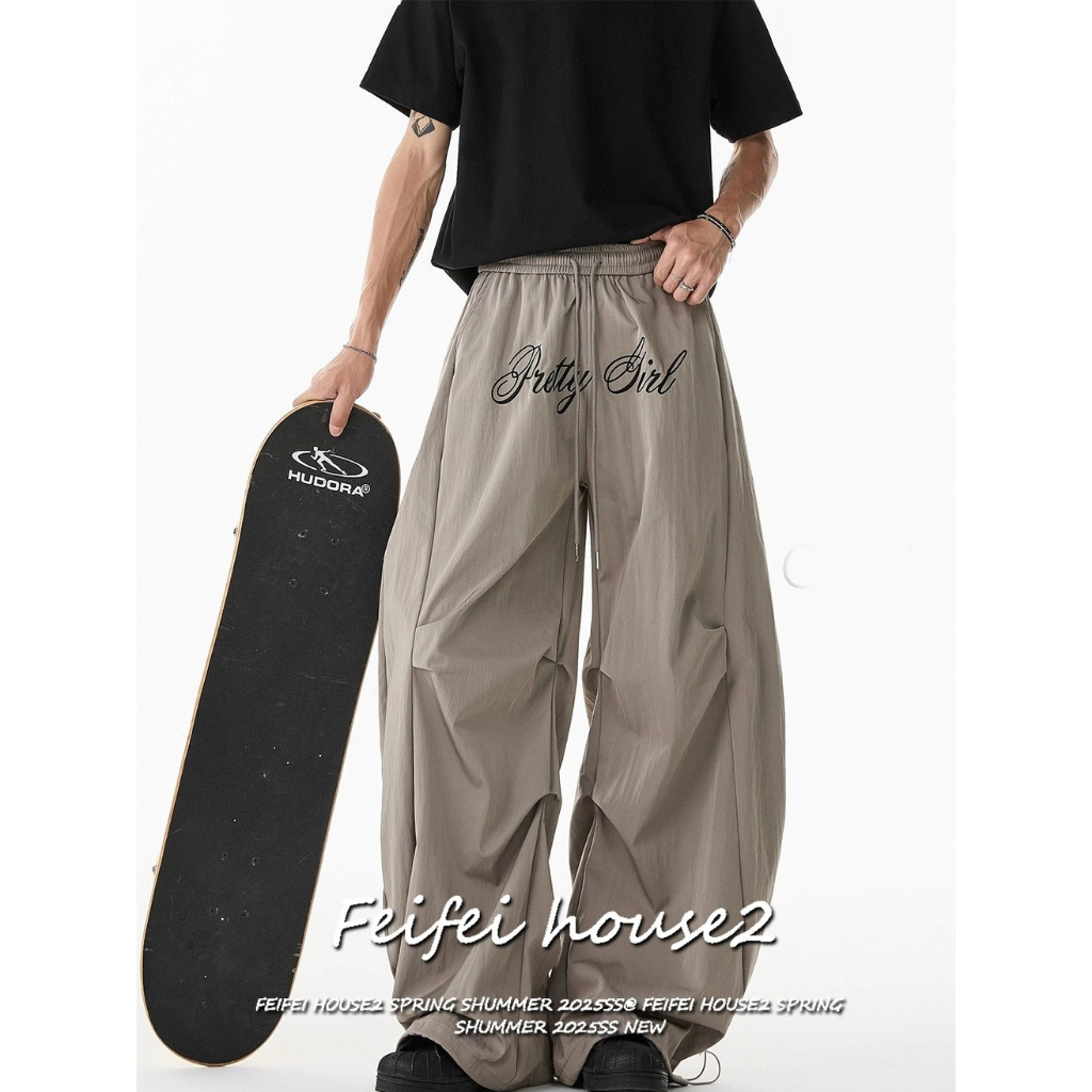 [Summer quick-drying fabric drawstring trousers]กางเกงขากว้างพิมพ์ลายตัวอักษรแนวสตรีทสไตล์อเมริกันสุดเทรนด์สำหรับ