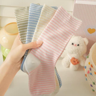 ส่งจากไทย!! ถุงเท้าลายขวาง Striped แนวน่ารัก ข้อกลาง ผ้าฝ้าย สีพื้น ถุงเท้าสไตล์ญี่ปุ่น A82