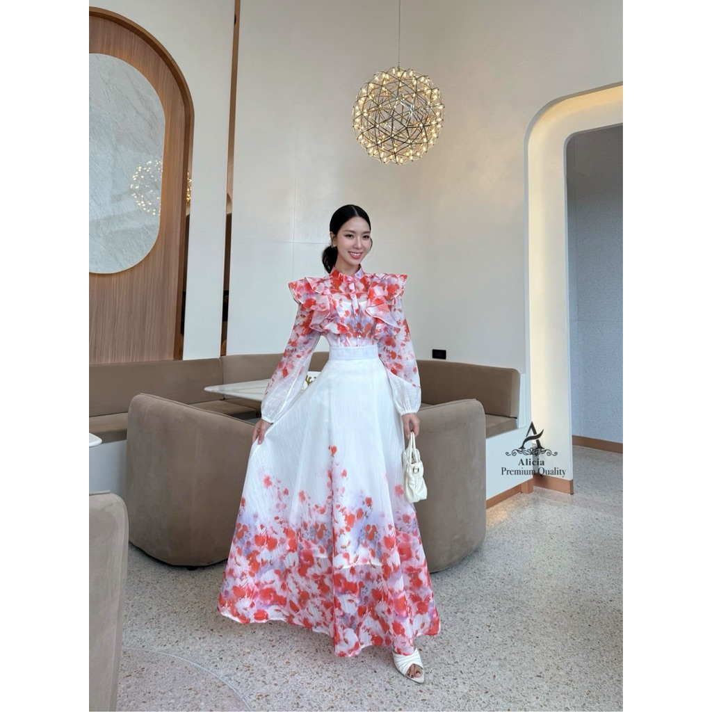 ALICIA BRANDเซ็ต2ชิ้น เดรสยาวดีไซร์พิเศษ พิมพ์ลายดอกไม้โทนชมพู-แดงบนพื