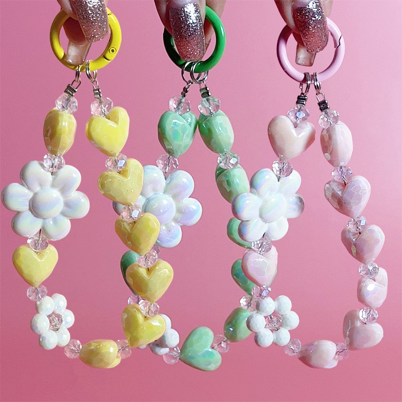 พวงกุญแจ สายห้อยโทรศัพท์ ลูกปัดหัวใจ สีสันสวยงาม พร้อมจี้ดอกไม้ ห้อยกระเป๋า พร้อมจัดส่งในประเทศไทย