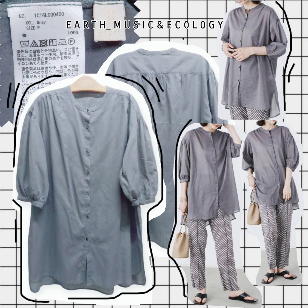 W118🩶 E A R T H_ M U S I C & E C 0 L 0 G Y~เสื้อเบลาส์คอจีนตัวยาว