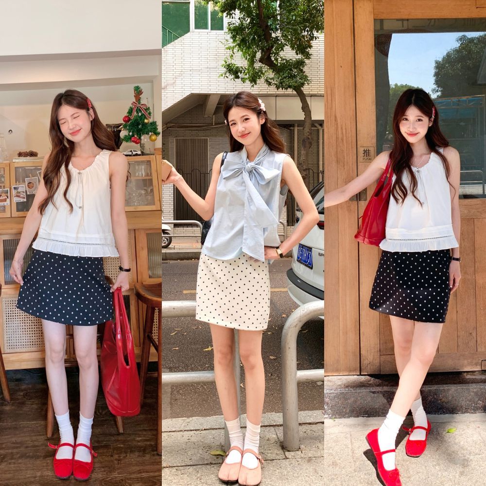 ChillTee🍓 กระโปรงสั้นสีดำลายจุด แต่งซิป หวานและน่ารัก ผ้ายืด กระโปรงทรงเอลายจุด ซิปข้าง มีซับในมีไซส์S-Mส่งจากไทยNK25073