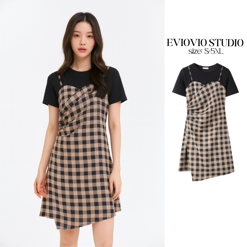 【EVIOVIO】🐰S-5XL🐰 เดรสเอี๊ยมลายสก็อตสีน้ำตาล ดีไซน์สองชิ้นหลอก น่ารัก ใส่เที่ยวคาเฟ่ เดรสพลัสไซซ์