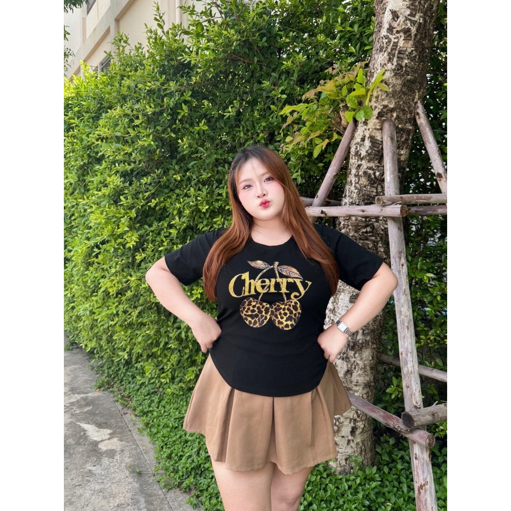เสื้อยืดจั๊มเอวพรางหุ่นสำหรับสาวอวบ สกรีนเชอรี่ลายเสือสวยๆ