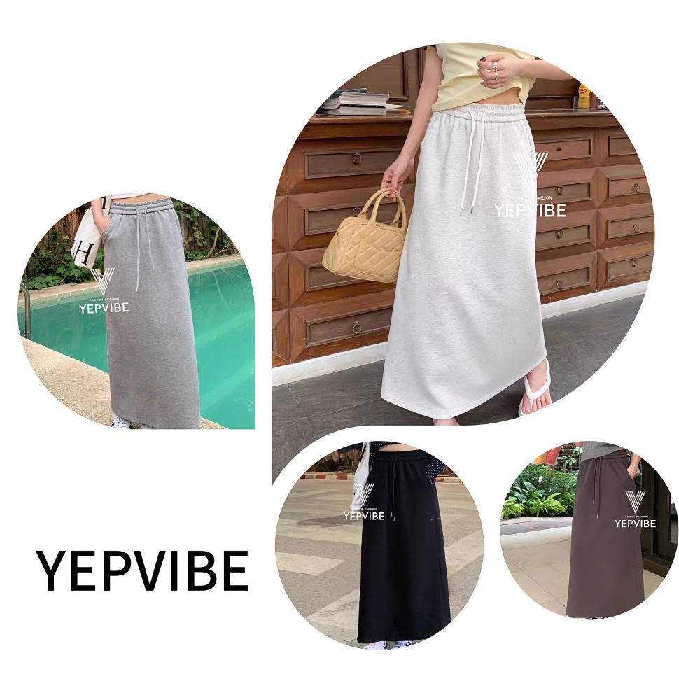 พร้อมส่ง กระโปรงยาว เอวสม็อค มีเชือกรูดและกระเป๋า 2 ข้าง ผ้าวอร์มลื่นๆ แต่งแหวกปลายด้านหลัง แนวเกาหลี เก๋ๆ