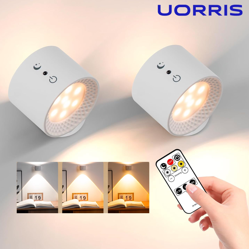 UORRIS โคมไฟติดผนัง LED หัวคู่พร้อมรีโมทควบคุมแบบสัมผัส หมุนได้ 360 องศา ไฟกลางคืนไร้สายแบบพกพา อุณหภูมิสามสี