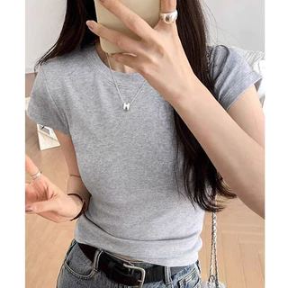 Bella Shop เสื้อยืดแฟชั่นแขนสั้นคอกลมสีพื้นสำหรับผู้หญิง ช่วยให้ดูผอมเพรียวและสวยงาม นุ่มสบาย