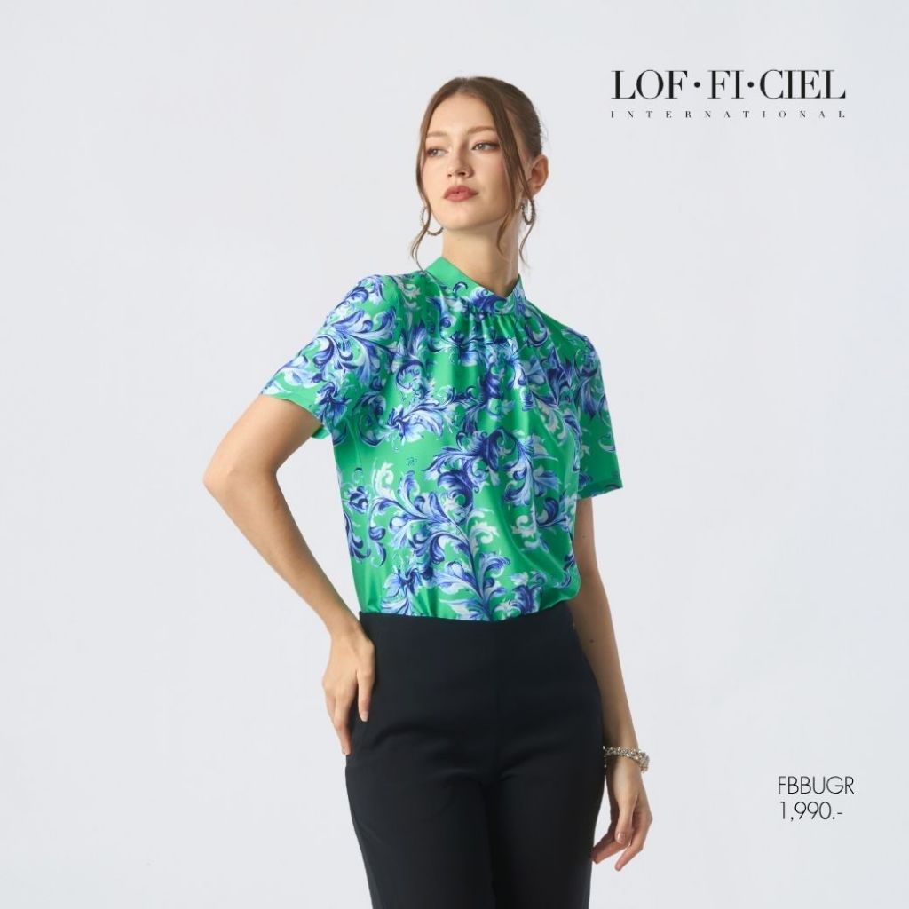 LOF-FI-CIEL Woman's blouse Ivy เสื้อผู้หญิง คอตั้งแขนสั้น สีเขียวอมฟ้า FBBUGR