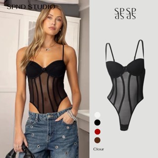 SPND【พร้อมส่ง】บอดี้สูทสายเดี่ยวซีทรู เว้าเอว เซ็กซี่ใส่กับอะ…