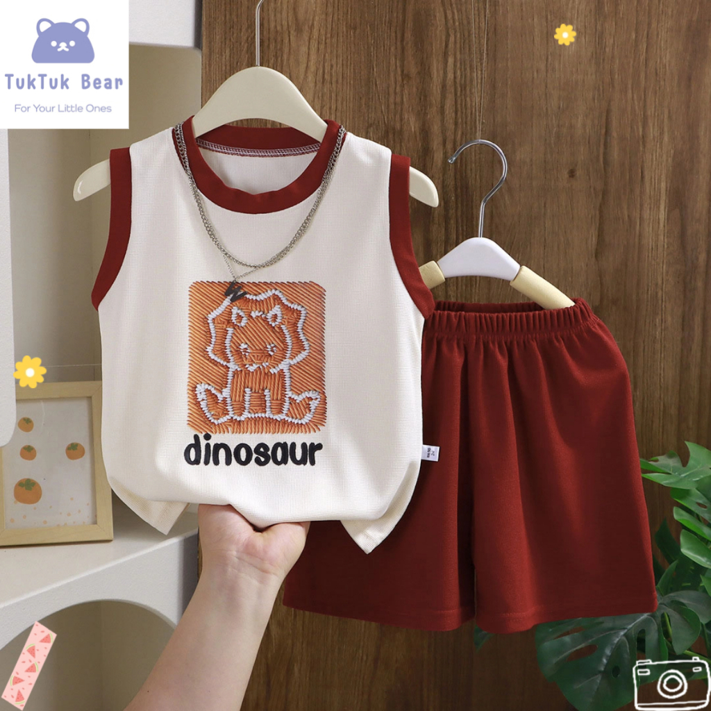 ชุดเสื้อกั๊กเด็กผู้ชาย ชุดเสื้อแขนกุด+กางเกงขาสั้น ลายไดโนเสาร์น่ารัก สไตล์หวานๆ ใส่สบาย เหมาะสำหรับอายุ 0-10 ขวบ