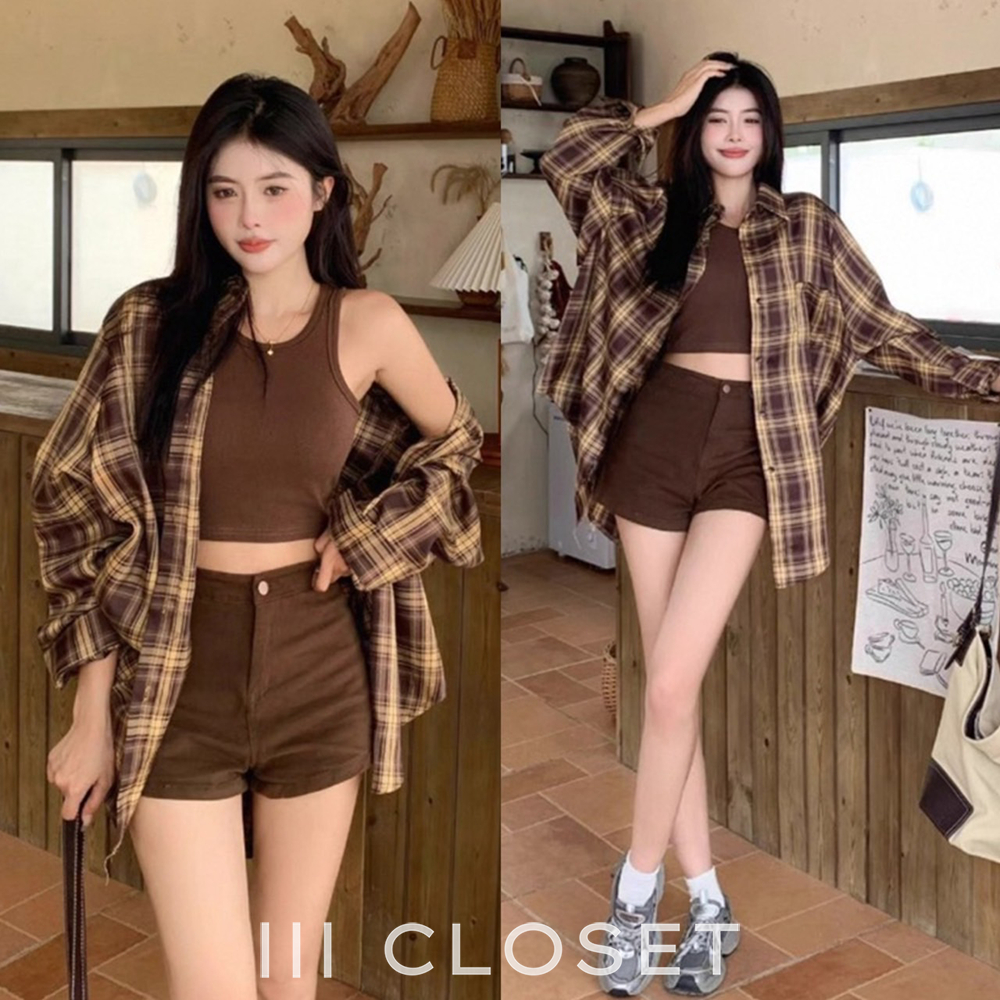 เสื้อเชิ้ต lll Oversize lll MR018 แขนยาว มีกระเป๋าหน้า ลายสก๊อต ผ้าคอตตอนญี่ปุ่น