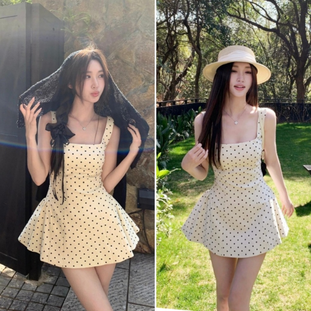 Hotgirl พร้อมส่ง เดรสแฟชั่นผู้หญิง มินิเดรส พิมพ์ลายจุด แขนกุด สาวฮอตย้อนยุค สไตล์เกาหลี