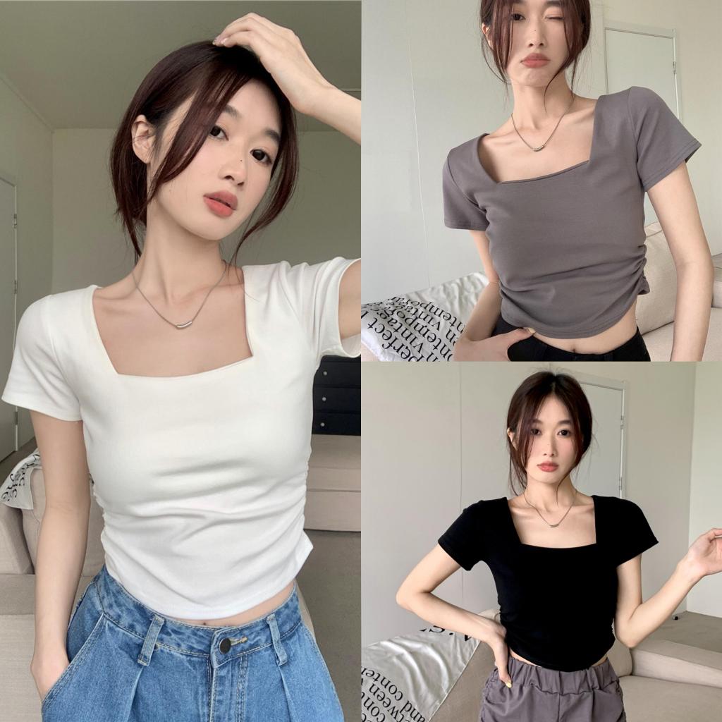 Bella shop เสื้อยืด เดรสสั้นคอเหลี่ยมผู้หญิงสีทึบเรียบง่ายสไตล์เกาหลี – โปรปัง