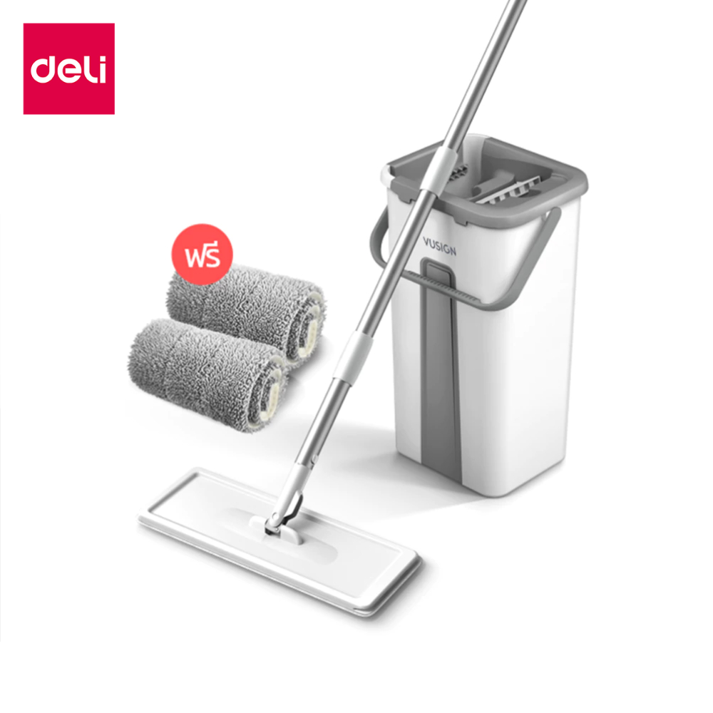Deli ไม้ถูพื้นพร้อมถังรีดน้ำ ไม้ถูพื้นพร้อมผ้าม๊อบ ถังรีดน้ำ ใช้งานได้ทั้งเปียกและแห้ง Flat Mop