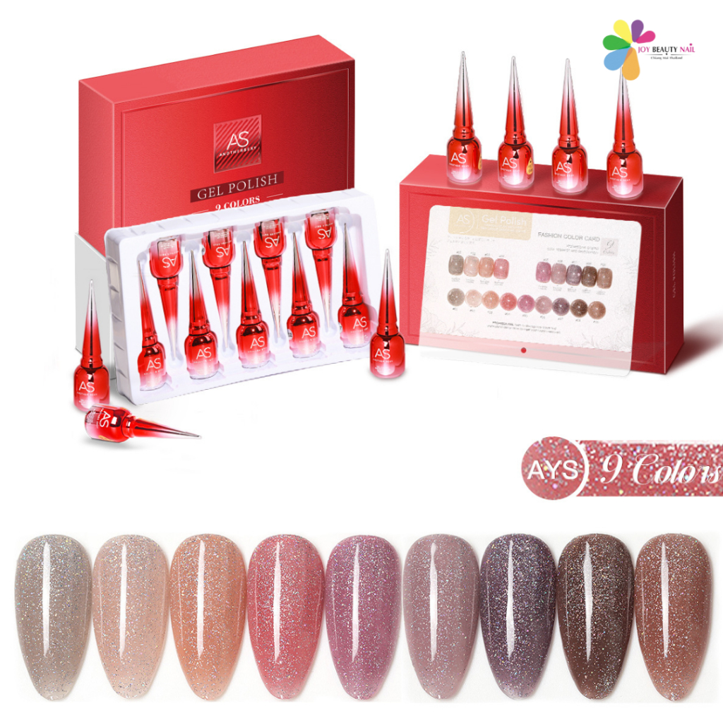 Set สีเจล AS 15ml. AYS 01-09 โทนสีกลิตเตอร์ละเอียด แถมชาร์ตสีพร้อมทาไปเลยย